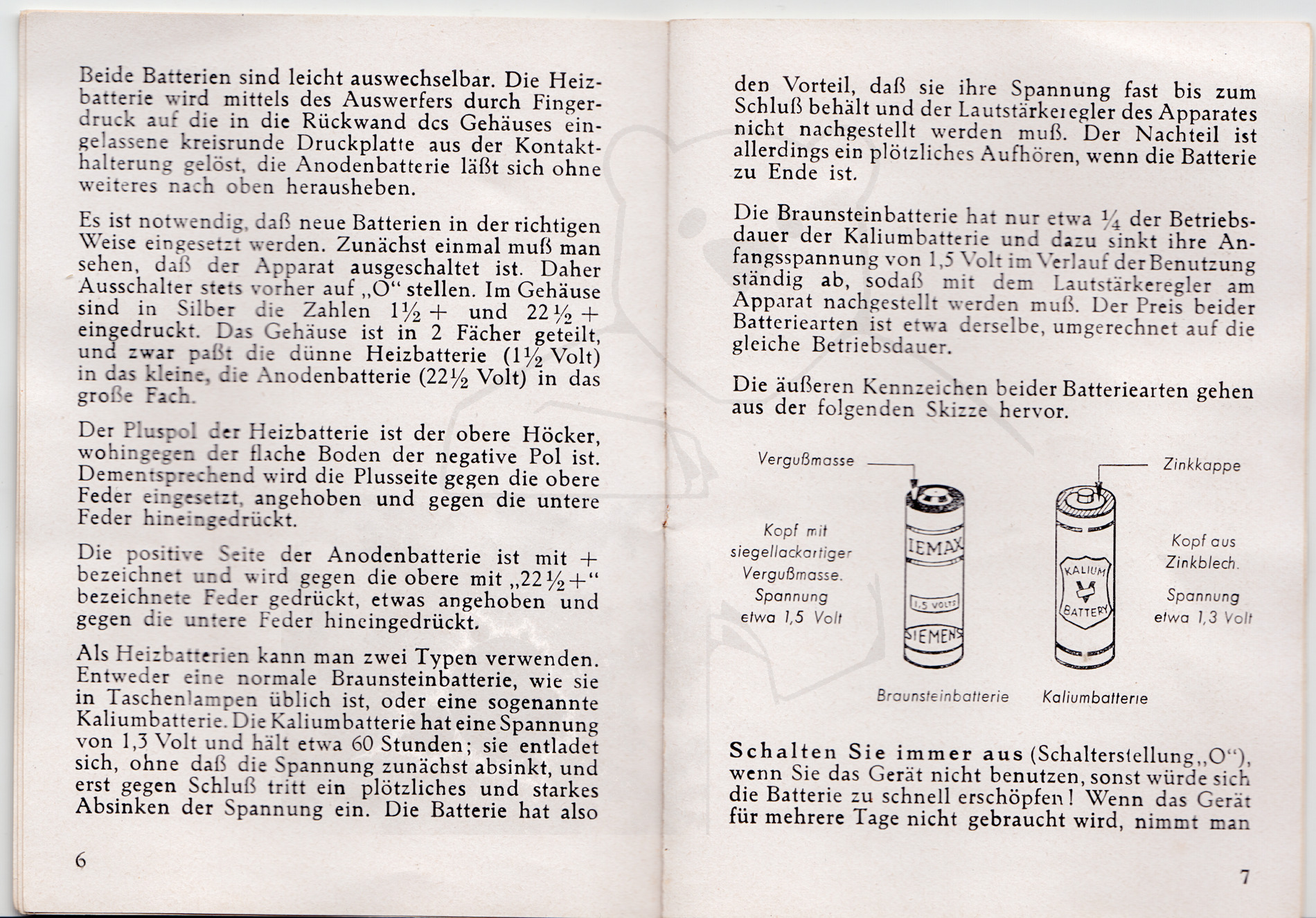 Hörgerät "Fortiphone Type 20", ca. 1949, Anleitung Seite 6 - 7